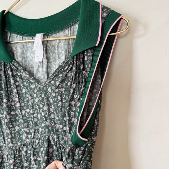 Amadi Green And Pink Floral Tiered Polo Summer Dress Pockets L - Picture 5 of 10